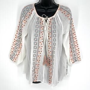 Hazel NEW Embroidered Sheer Top Women Sz S 3/4 Sleeve Cream Tassels Boho Peasant